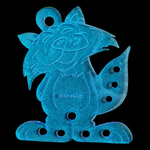 Large blue grinning cat toy base made from 3/16" thick acrylic and measuring approx 6-3/4" wide by 7-1/2" tall.  In addition to the large hole on the top, there are three 5/16" holes and five 1/2" holes for threading material through.  Recommended as a start for making medium sized toys.