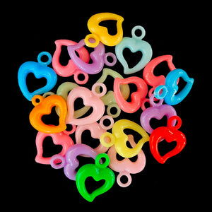 Little acrylic charms in the shape of a heart measuring approx 5/8" by 7/8" with a 3mm (approx 1/8") hole. Package contains 50 charms in assorted colors.