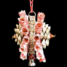 Load image into Gallery viewer, A double sided shredding toy made with bamboo shredders and palm leaf bows on a mini seagrass mat. Hangs on plastic chain with a nickel plated bell and charms on the bottom. Designed for small to intermediate sized birds. Available in assorted colors. Me