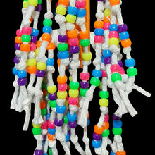 Load image into Gallery viewer, 300 pony beads knotted on cotton rope strands! The base is a brightly colored 1" by 1" by 6" pine block hanging by nickel plated hardware with an acrylic bead. Our experience has shown bead toys help feather pickers and are a great starter for birds that don't know how to play with toys.