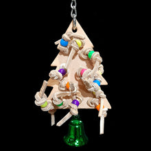 Load image into Gallery viewer, Bird toy made with a veggie tanned leather Christmas tree with double knotted leather lace and pony beads on both the front and back. Hangs on a short length of nickel plated chain with a vacuum coated bell on the bottom. Designed for small to intermediate sized birds (lovebirds, cockatiels, conures, quakers, etc).