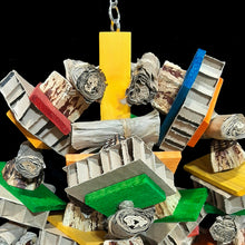 Load image into Gallery viewer, A colorful multi-textured toy that is sure to get and keep the attention of any bird! Six legs of heavy hemp cord filled with brightly colored soft wood and shreddables including pine slats in two sizes, banana leaf rolls, mahogany chunks and cardboard honeycomb blocks.