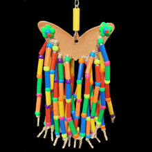 Load image into Gallery viewer, Bird toy with two dozen strands of brightly colored plastic straw beads and pony beads strung on jute cord from a veggie tanned leather toy base. Hangs on a short length of nickel plated chain. Designed for birds that love beads, from intermediate up to medium sized birds.
