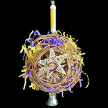 Load image into Gallery viewer, Foraging bird toy with baskets stuffed with crinkle paper with vine stars and a nickel plated bell. For small to intermediate sized birds.