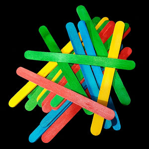 Brightly colored, thin birch wood craft sticks (popsicle sticks) measuring approx 3/8" by 4-1/2".