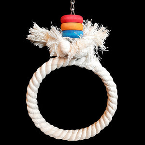 100% cotton rope twisted around a steel ring with brightly colored wood rings on nickel plated chain. Recommended for lovebirds, cockatiels, quakers, senegals, conures, caiques and other small parrots.   Measures approx 5-1/2" wide by 10" including link.