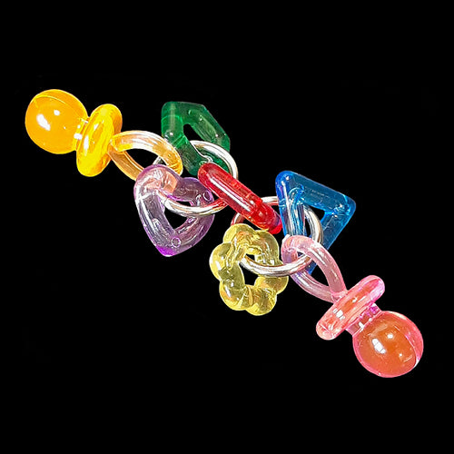 A shiny, dangly foot toy light enough for the little guys made with crystal stringing rings and pacifiers on nickel plated rings. Will be loved by small conures, quakers, ringnecks, caiques, senegals, etc. Comes in assorted color combinations.  Measures approx 3