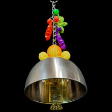 Load image into Gallery viewer, A bird friendly bell made with a brushed stainless steel cup and a large acrylic candy charm inside for the clanger. Large acrylic charms, beads and a snowflake ring are attached to the nickel plated chain the "bell" hangs from.