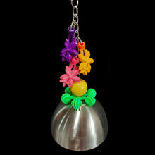 Load image into Gallery viewer, A bird friendly bell made with a brushed stainless steel cup with a large acrylic candy charm inside for the clanger. Large acrylic charms, beads and a snowflake ring are attached to the nickel plated chain the "bell" hangs from.