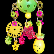 Load image into Gallery viewer, Lots of brightly colored acrylic charms and rings, a mini maraca, spin wheels and large crystal charm hanging from a perforated golf ball base with nickel plated hardware. This toy has lots of movement with many parts to shake and rattle! Designed for small to gentle intermediate sized birds. Available in assorted color combinations. Hangs approx 8-1/2" including link.