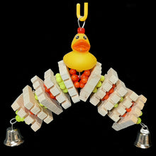 Load image into Gallery viewer, Bird toy built on stainless steel wire. Natural notched pine slices (Busy Beaver Slices) with mini atom beads and two nickel plated bells under a rubber duck. Designed for small birds that love to chew or intermediate sized birds that like smaller toys.