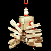 Load image into Gallery viewer, One hundred thin wood paddles with wood & acrylic beads strung on hemp cord from a 2" woven palm leaf cube. The base is stainless steel wire with a nickel-plated bell on the bottom. A perfect toy for budgies, lovebirds, cockatiels, gc conures and other birds that aren't big chewers and prefer thin wood!