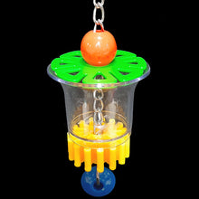 Load image into Gallery viewer, A clear acrylic cup with acrylic beads and a spinning gear hanging on nickel plated chain. Foraging stimulates natural behavior by making your bird work for its food! Be creative and hide your bird's favorite treats in shredded paper and stuff them into this cup. Designed for small to intermediate sized birds. Comes in assorted colors. Measures approx 2-1/2" by 8" including link (cup measures 2" by 2-1/2" at the top).