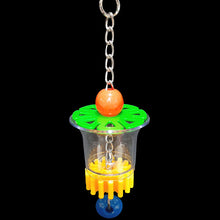 Load image into Gallery viewer, A clear acrylic cup with acrylic beads and a spinning gear hanging on nickel plated chain. Foraging stimulates natural behavior by making your bird work for its food! Be creative and hide your bird's favorite treats in shredded paper and stuff them into this cup. Designed for small to intermediate sized birds. Comes in assorted colors. Measures approx 2-1/2" by 8" including link (cup measures 2" by 2-1/2" at the top).