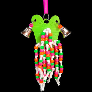 A plastic "gift" toy base with cotton strands filled with pony beads and two nickel plated liberty bells. Designed for small to intermediate birds.