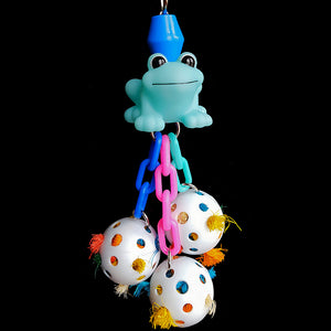 Three perforated golf balls stuffed with multi-colored, crunchy sisal rope dangling on plastic chain under a rubber critter. A great toy for foraging fun!  Hangs approx 8" including link (critter may vary).
