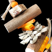 Load image into Gallery viewer, A fun multi-textured shreddable toy made with natural parts your bird is sure to love! Strung on sisal rope are favorites including yucca, sola, palm leaf bows, mini pine slats, raffia, mahogany pod chunks and wood beads. Designed for all small to medium sized birds (lovebirds, cockatiels, conures, quakers, ringnecks, caiques, senegals, mini macaws and bigger birds that like softer textures). Available in assorted color combinations.