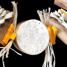 Load image into Gallery viewer, A fun multi-textured shreddable toy made with natural parts your bird is sure to love! Strung on sisal rope are favorites including yucca, sola, palm leaf bows, mini pine slats, raffia, mahogany pod chunks and wood beads. Designed for all small to medium sized birds (lovebirds, cockatiels, conures, quakers, ringnecks, caiques, senegals, mini macaws and bigger birds that like softer textures). Available in assorted color combinations.