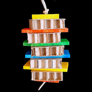 Brightly colored pine wood slats and cardboard honeycomb blocks threaded on paper twist rope. A perfect toy for birds who are light chewers and prefer softer textures.  Hangs approx 12" including link.