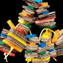 Load image into Gallery viewer, A big toy for small birds who love to shred! Layers of irresistible, easy to chew mini softwood pine slats and small cardboard cutouts strung on poly rope. Designed for birds such as budgies, lovebirds, green cheek conures, cockatiels and quakers up to intermediate sized birds that are light chewers. Measures approx 6" by 12" including link.