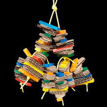 Load image into Gallery viewer, A big toy for small birds who love to shred! Layers of irresistible, easy to chew mini softwood pine slats and small cardboard cutouts strung on poly rope. Designed for birds such as budgies, lovebirds, green cheek conures, cockatiels and quakers up to intermediate sized birds that are light chewers. Measures approx 6" by 12" including link.