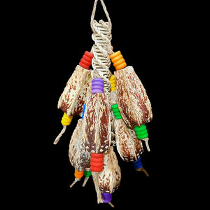 Easy to chew natural mahogany pods and colored wood beads threaded on a vine twist roller base. Stringing material is jute cord. Designed for intermediate sized birds as well as medium birds who are light chewers.  Measures approx 4" by 12" including clip.