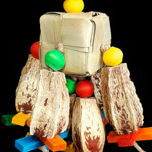 Load image into Gallery viewer, Easy to chew natural mahogany pods, brightly colored mini softwood slats and wood beads threaded on a 2" by 2" palm leaf cube with jute cord. This toy contains no metal parts. Designed for intermediate sized birds as well as medium birds who are light chewers.  Measures approx 5" by 11" including clip.