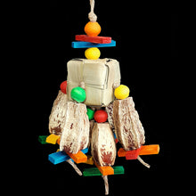 Load image into Gallery viewer, Easy to chew natural mahogany pods, brightly colored mini softwood slats and wood beads threaded on a 2" by 2" palm leaf cube with jute cord. This toy contains no metal parts. Designed for intermediate sized birds as well as medium birds who are light chewers.  Measures approx 5" by 11" including clip.