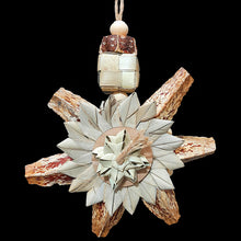 Load image into Gallery viewer, This toy is sure to brighten your bird&#39;s day! Made with whole mahogany pods, large palm leaf flowers and bows, cardboard rounds, a palm cube and natural wood beads strung on jute cord. Toy is decorated the same on both sides. Designed for intermediate to medium sized birds that prefer softer textures. Measures approx 8&quot; by 12&quot; including link.
