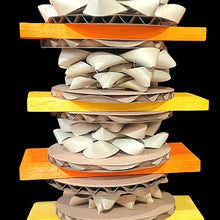 Load image into Gallery viewer, Brightly colored yellow and orange pine (softwood) slats, crunchy palm leaf bows, cardboard disks and wood beads threaded on stainless steel wire. A nice variety of easy to chew and shred parts designed for small to intermediate sized birds.   Measures approx 3-1/2&quot; by 9&quot; including link.
