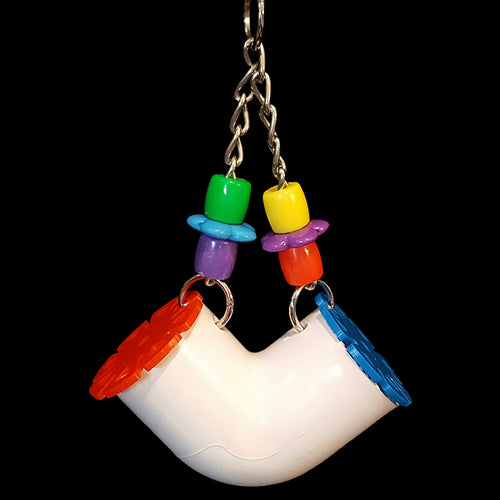 A PVC tube on nickel plated chain with assorted beads and rings. The lids flip up to encourage foraging activity. Fill with your bird's favorite food, treats or small toys.