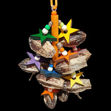 Load image into Gallery viewer, A dozen mahogany pods with brightly colored pine wood stars and small beads strung on jute cord from a pine dowel toy base.