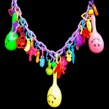 Load image into Gallery viewer, Does your bird love to play with your zipper, buttons or jewelry? If so, both of you will love this necklace made just for them! Designed to be worn around your neck so your bird can play while on you. Made with plastic chain, lots of charms and three min