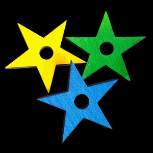 Brightly colored soft wood pine stars measuring 2" by 1/4" thick with a 5/16" center hole. 