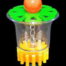 Load image into Gallery viewer, A clear acrylic cup with acrylic beads and a spinning gear hanging on nickel plated chain. Foraging stimulates natural behavior by making your bird work for its food! Be creative and hide your bird's favorite treats in shredded paper and stuff them into this cup. Designed for small to intermediate sized birds. Comes in assorted colors. Measures approx 2-1/2" by 8" including link (cup measures 2" by 2-1/2" at the top).