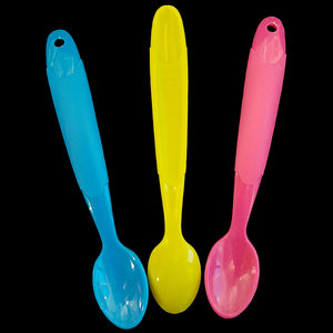 Brightly colored plastic spoons measuring approx 5-1/2" long. Available with or without a small hole drilled through the top.