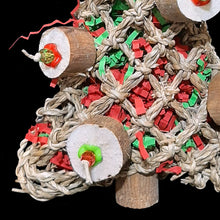 Load image into Gallery viewer, Everybirdy needs their own Christmas tree and this one is sure to be a hit! Made with seagrass stuffed with crinkle paper and adorned with sola coins (similar to balsa), assorted beads and topped off with a vine star. Designed for small to intermediate sized birds. Attaches to the side of your bird's cage with two zip ties.