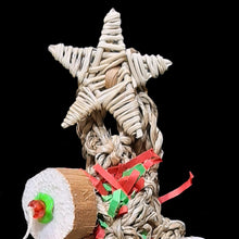 Load image into Gallery viewer, Everybirdy needs their own Christmas tree and this one is sure to be a hit! Made with seagrass stuffed with crinkle paper and adorned with sola coins (similar to balsa), assorted beads and topped off with a vine star. Designed for small to intermediate sized birds. Attaches to the side of your bird's cage with two zip ties.