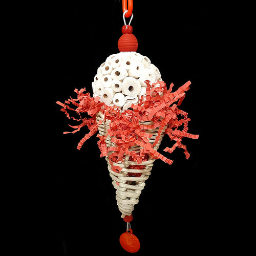 A cone made just for birds! A super soft sola atta ball nestled inside a vine cone stuffed with crinkle cut paper shred. Built on stainless steel wire with wood beads and a charm dangle. Designed for small and intermediate birds. Available in assorted colors.  Measures approx 3