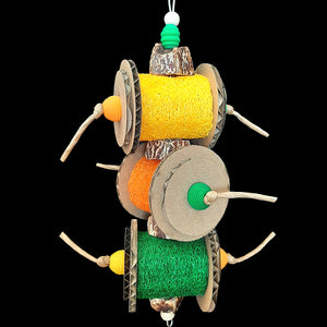 Three brightly colored loofah rolls flanked by corrugated cardboard rounds with wood beads, mahogany chunks and paper rope. The base of this toy is stainless steel wire. Designed for small to intermediate birds who like softer textures.  Measures approx 4" by 11" including link.