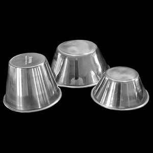 Stainless steel cups for toy making or treats. Price is per cup.  1.5 oz: Approx 1-1/2" (top) by 2-1/2" (bottom) by 1" high  2.5 oz: Approx 1-1/2" (top) by 2-1/2" (bottom) by 1-3/4" high  4 oz: Approx 2" (top) by 3-1/4" (bottom) by 1-1/4" high