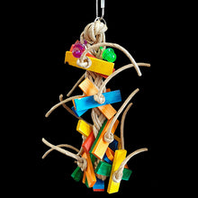Load image into Gallery viewer, A big paper rope braid with lots of brightly colored pine wood slats and two acrylic pacifiers woven in. A fun toy to swing on as well!

