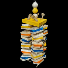 Load image into Gallery viewer, Handmade parrot bird toy with 72 natural and colored softwood (pine) slats knotted on jute rope under a 3-1/2" by 3-1/2" pine block base. Hangs on nickel plated chain. A perfect toy for the feathered woodchuck in your family!