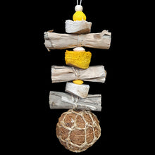 Load image into Gallery viewer, Bundles of banana leaf rolls, soft yucca pieces, wood beads and a coconut fiber ball strung on stainless steel wire. The coco ball is made from coconut fiber that has been bundled and rolled into a tight ball with seagrass cord twisted around the outside. Designed for small to intermediate sized birds.  Measures approx 3&quot; by 11&quot; including link.

