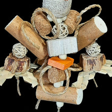 Load image into Gallery viewer, Handmade bird toy with a yucca, sola wood sticks, corks, vine balls, mahogany, pine wafers, wood beads, seagrass cord and zigzag shredders. Designed for small birds up to intermediate birds who love soft textures.