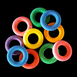Brightly colored wood rings measuring 1" in diameter.
