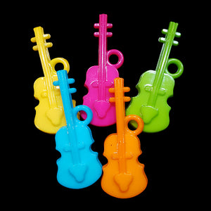 Large acrylic fiddle or violin charms measuring approx 2" by 3/4" with a 4mm (approx 5/32") hole.  Package contains 10 charms in assorted colors.