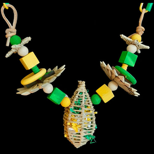 An assortment of wood pieces (small blocks, rings, beads & pine stars), palm leaf flowers, vine stars and a vine bulb stuffed with crinkle paper strung on a veggie tanned leather strip. Designed for small to intermediate birds. Available in assorted colors.