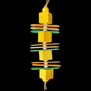 Four 1" by 1" x 1" brightly colored balsa blocks with thin wood paddles and wood beads threaded on paper cord. Designed for light chewers.  Measures approx 11" including link.