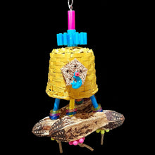 Load image into Gallery viewer, Colorful bird toy with a beak tempting 2-1/2" by 3" bamboo basket adorned with mahogany chunks and mahogany pods dangling underneath. The pods are strung on jute cord covered in paper straws with acrylic rings and mini atom beads. Hangs on nickel plated chain with a spinning nubby gear. Comes in assorted colors.
Hangs approx 10" including link.
